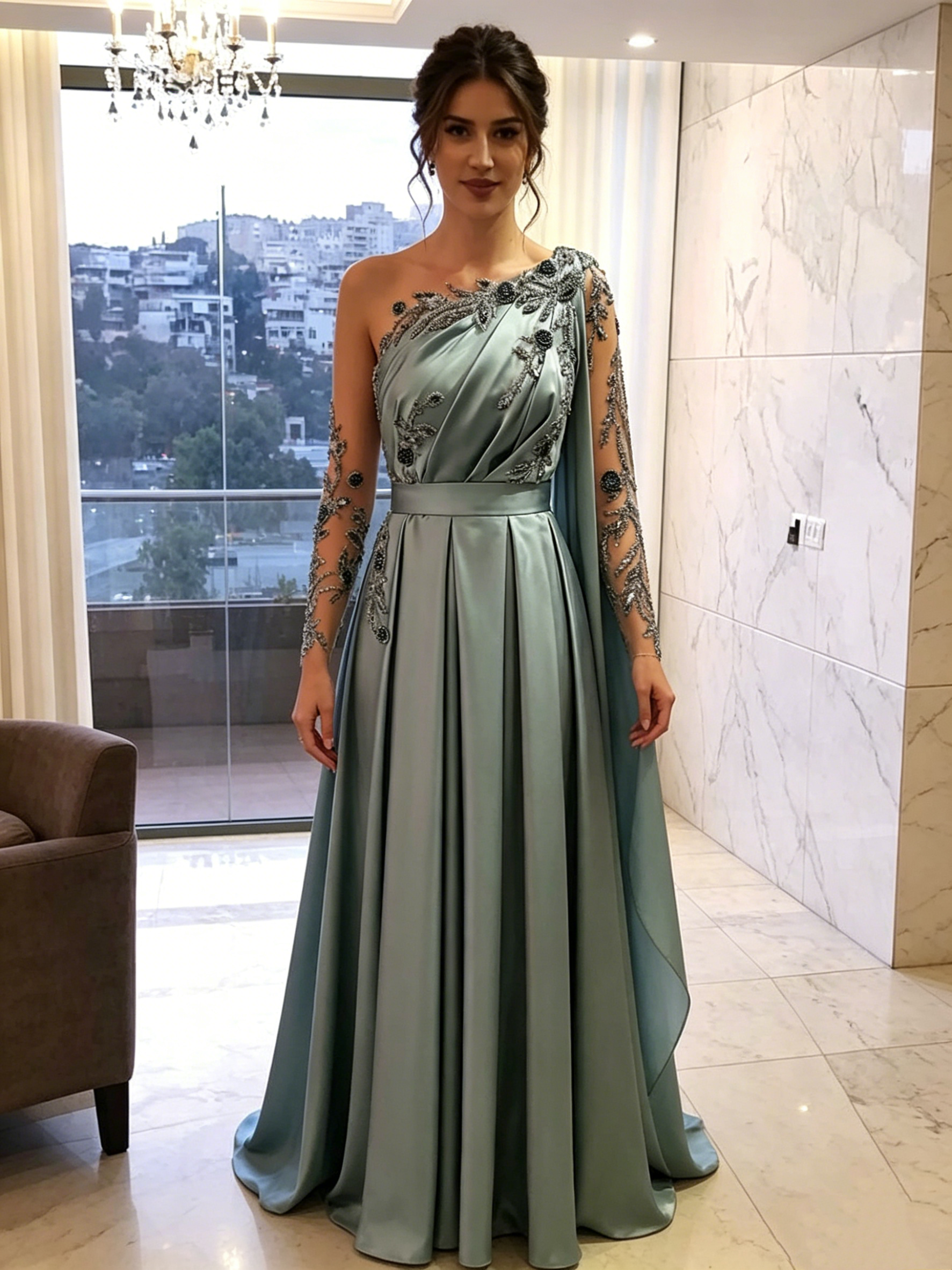 Evening Dresses One Shoulder Full Length Satin A Line Long Sleeves Formal Party Dress Prom Gown fg6768 - View 5 | VelvetHem