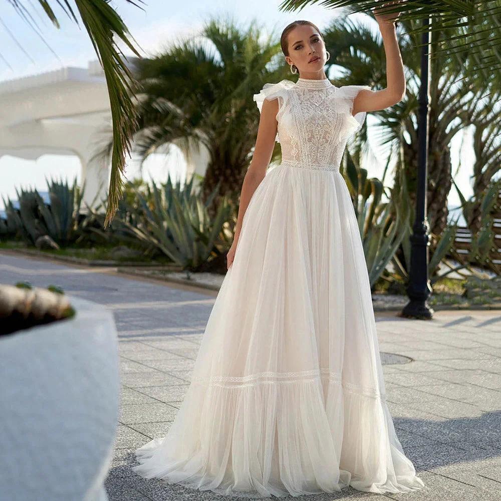 High Neck Sleeveless Wedding Dresses Lace Appliques A Line ?????? ?????? Sweep Train Bohemian New Vestidos De Novia (ZD13553) - VelvetHem