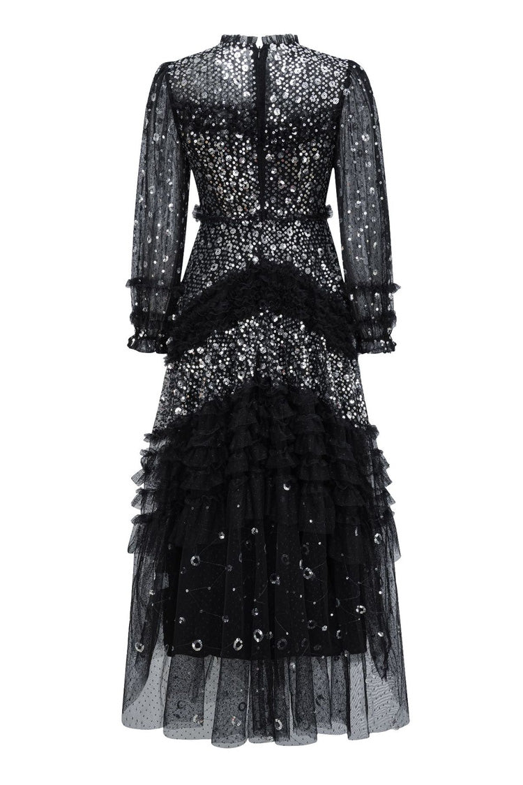 Sparkly Sequin Polka Dot Ruffle Mock Neck Tiered Tulle Maxi Evening Dress - VelvetHem