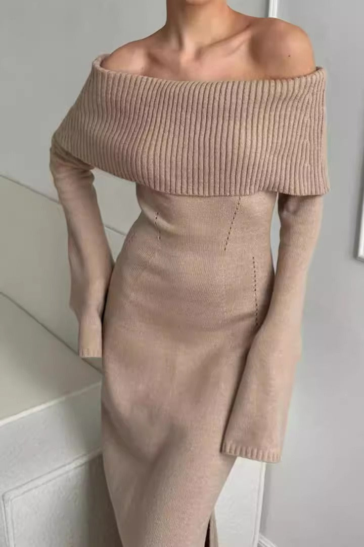 Collared Off-Shoulder Knit Sweater Dress - VelvetHem