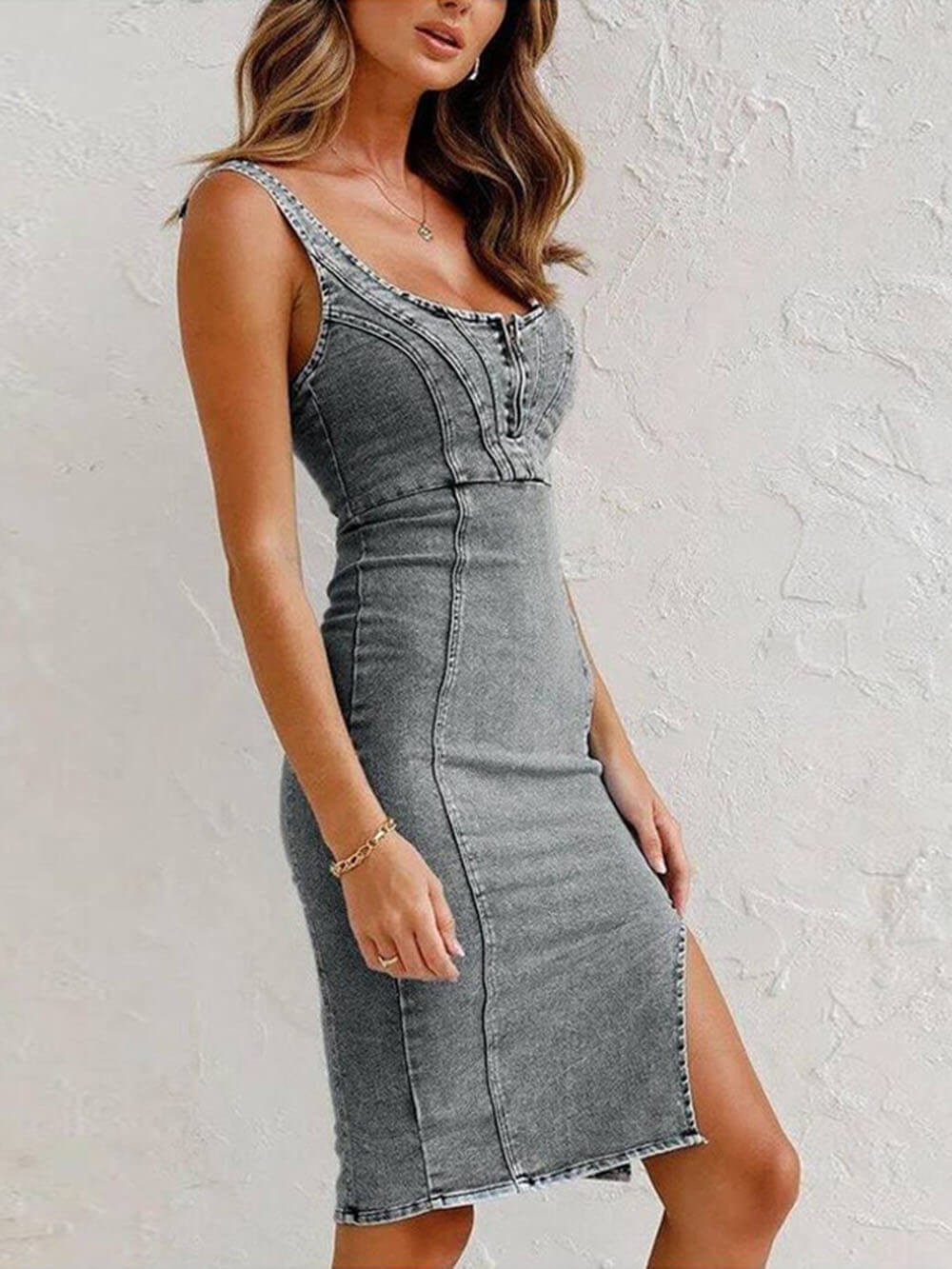 This Seasons Staple Denim Adjustable Straps Zip - up Firm Stretch Midi Dress