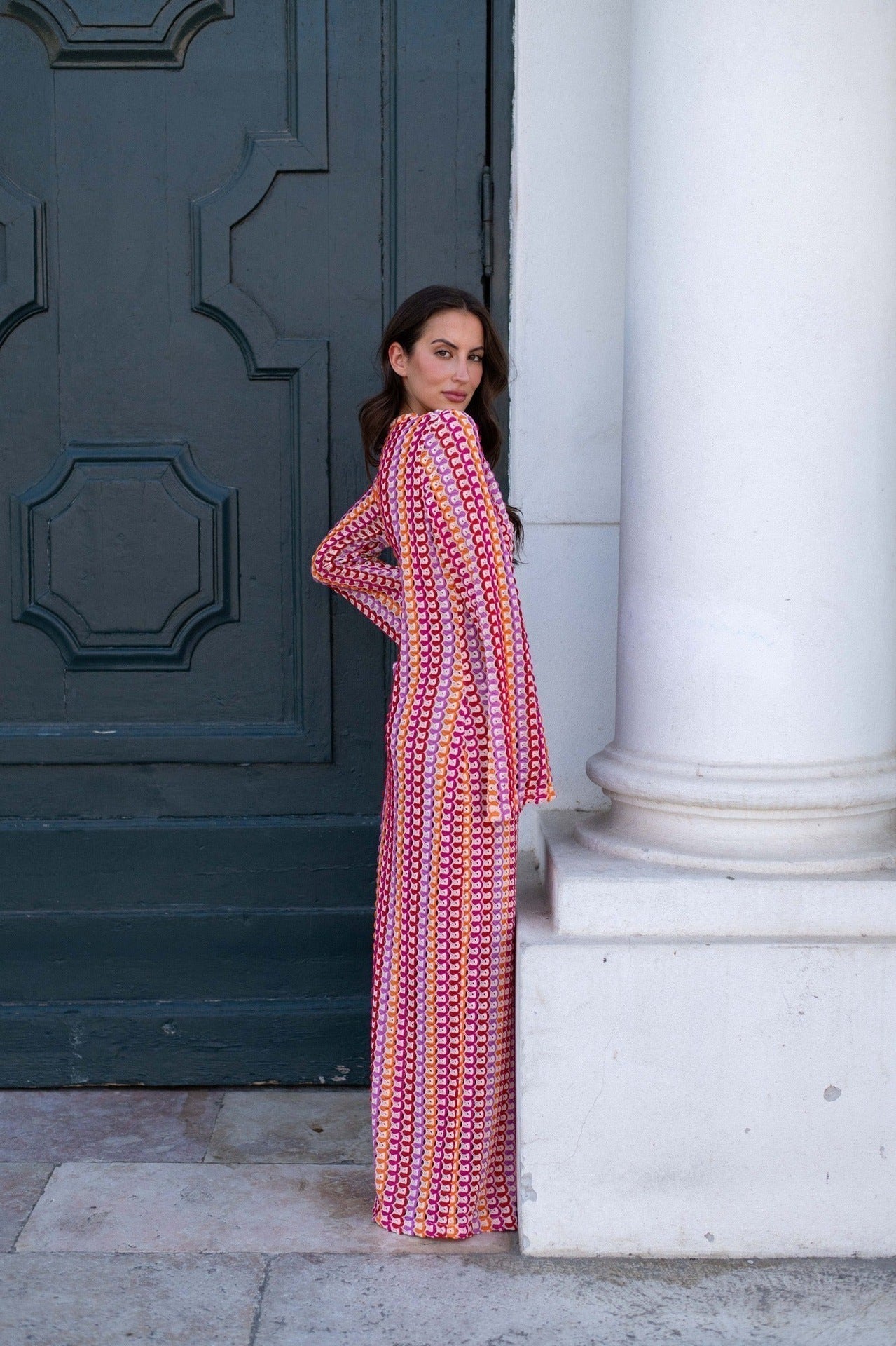 Pilar Chic Boho V Neck Bell Sleeve Maxi Dress, Wavy Striped Crochet Beach Holiday Dress Evening Wear Edit