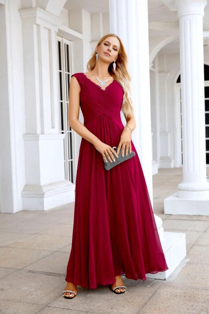 Ladies Chiffon V Neck Sleeveless Floor Length Bridesmaid Evening Dress Wedding Party Evening Dress 28126 by numbersea