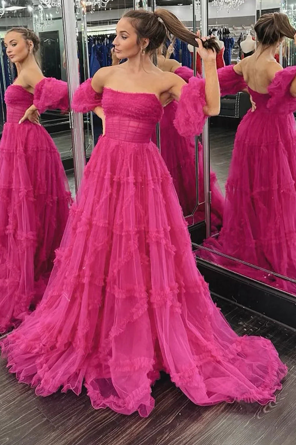 Stunning A Line Strapless Fuchsia Corset Prom Dress with Sweep Train - View 2 | VelvetHem