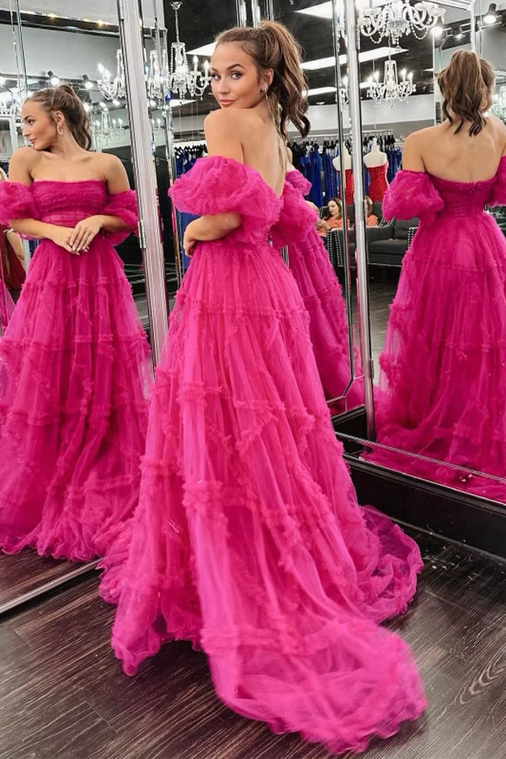 Stunning A Line Strapless Fuchsia Corset Prom Dress with Sweep Train - View 3 | VelvetHem