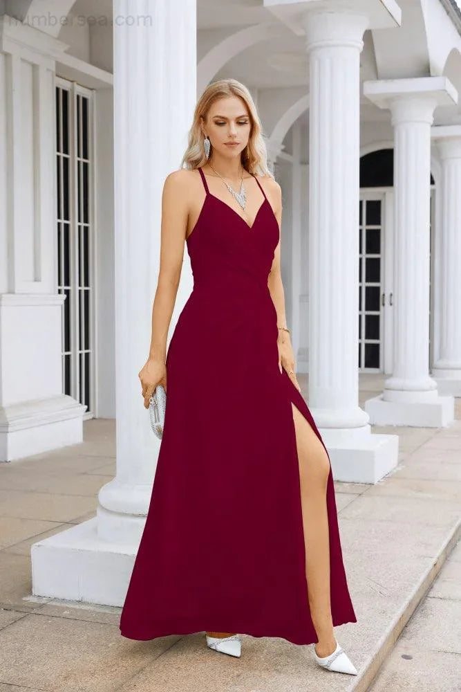 Ladies Chiffon Spaghetti Strap V Neck Front Slit Floor Length Bridesmaid Evening Dress Prom Party Wedding Evening Dress 28116 (ZD17012)
