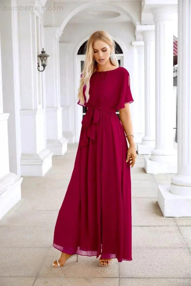 Ladies Chiffon Sleeve Crew Neck Front Slit Floor Length Bridesmaid Evening Dress Wedding Party Evening Dress 28124 (ZD17007)