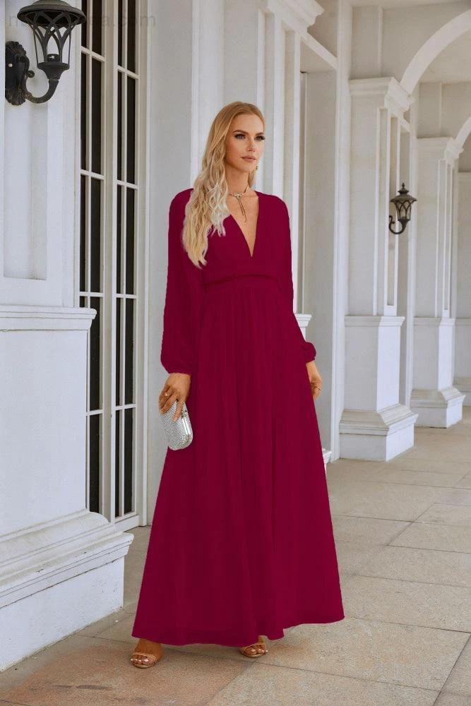 Ladies V Neck Chiffon Long Sleeve Front Slit Bridesmaid Evening Dress Wedding Party Shopping Evening Dress 28109 (ZD16991)