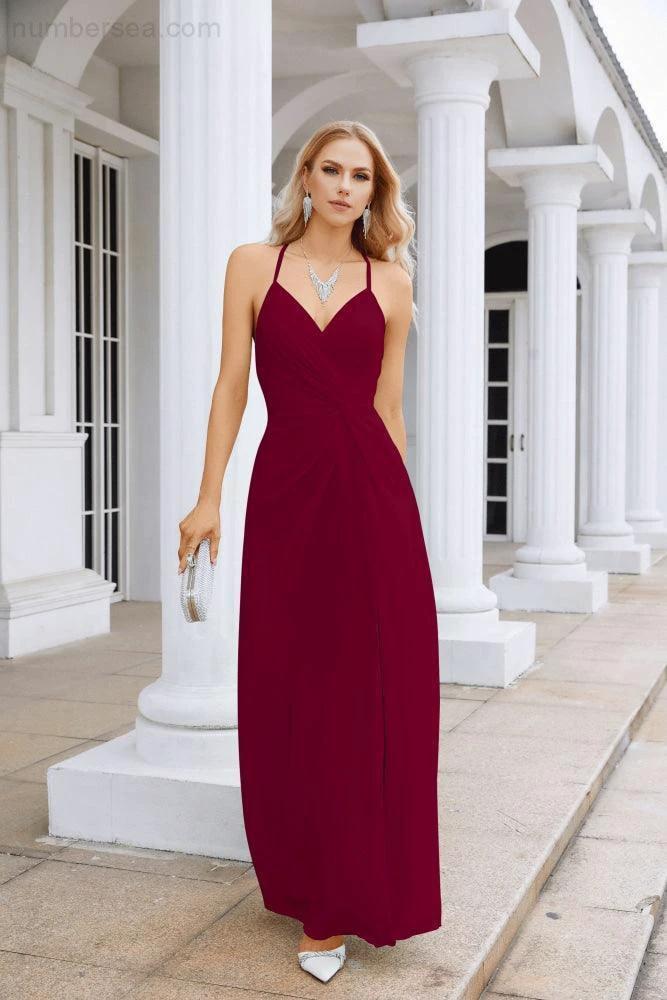 Ladies Chiffon Spaghetti Strap V Neck Front Slit Floor Length Bridesmaid Evening Dress Prom Party Wedding Evening Dress 28116 (ZD17012)