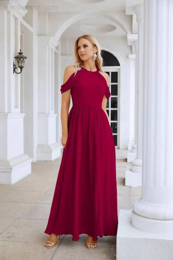 Ladies Chiffon Off Shoulder Swing Sleeve Front Slit Bridesmaid Evening Dress Wedding Party Evening Dress 28117 (ZD17011)