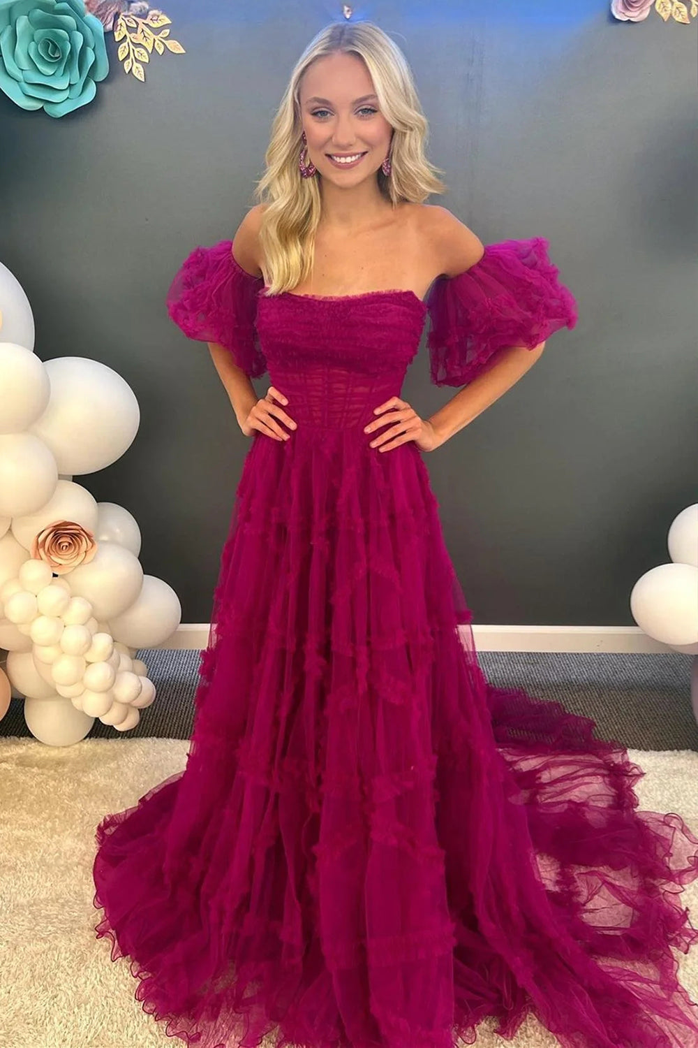 Stunning A Line Strapless Fuchsia Corset Prom Dress with Sweep Train - VelvetHem