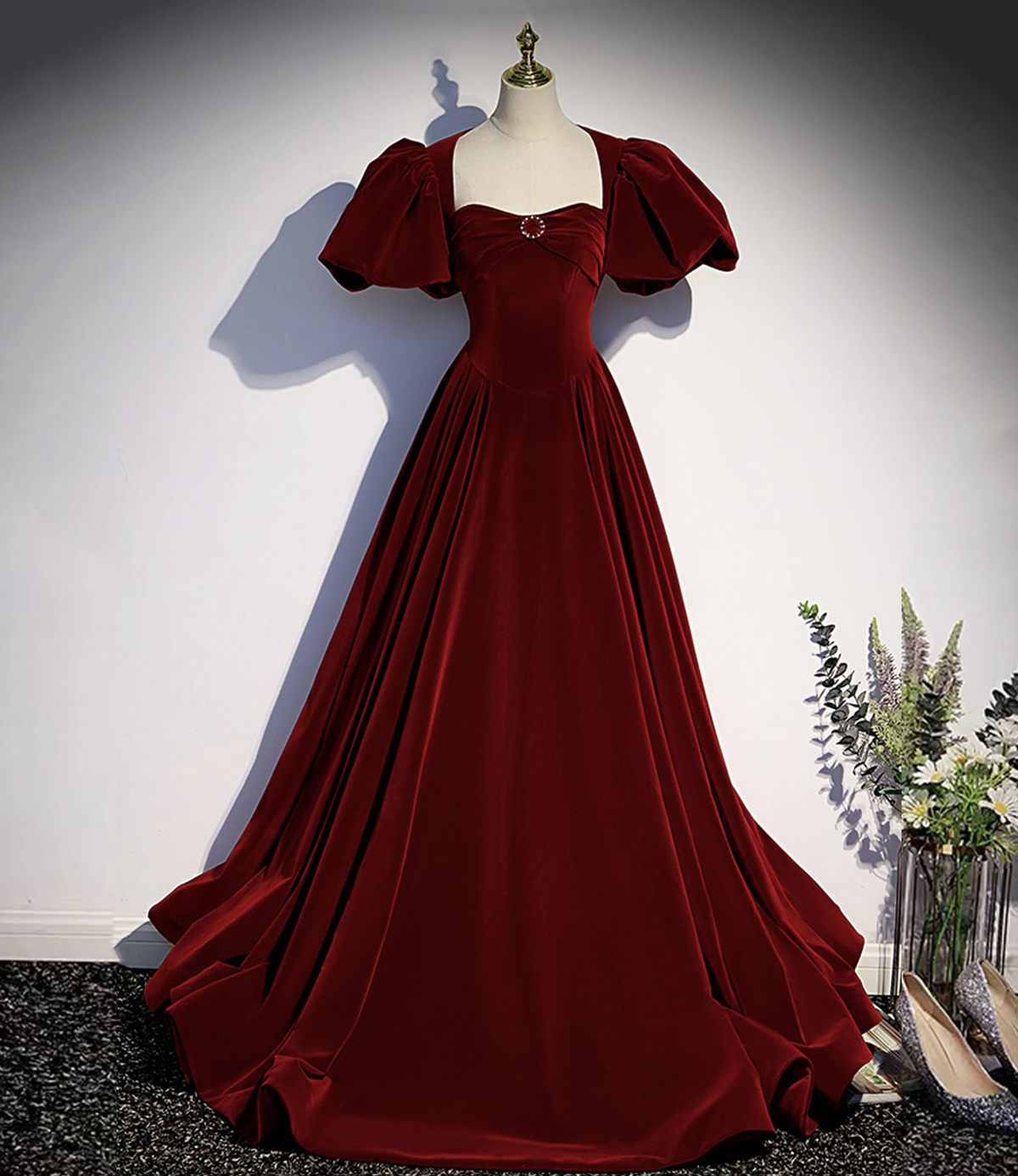 Burgundy velvet long prom dress evening dress Y4384 - VelvetHem