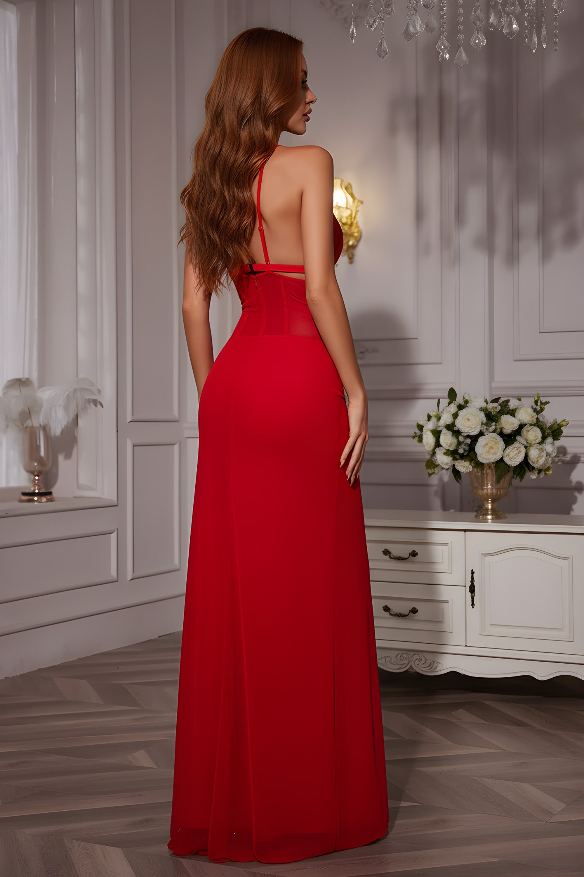 Elegant Plunging V-Neck Sheer Mesh Cutout Evening Gown