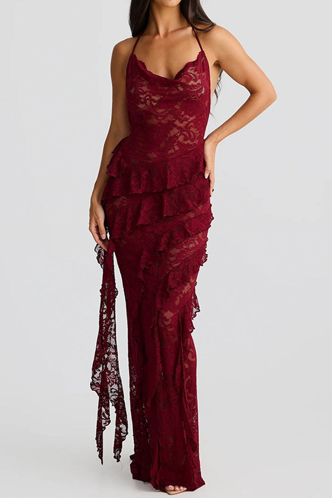 Backless Lace Halter Maxi Dress - View 8 | VelvetHem