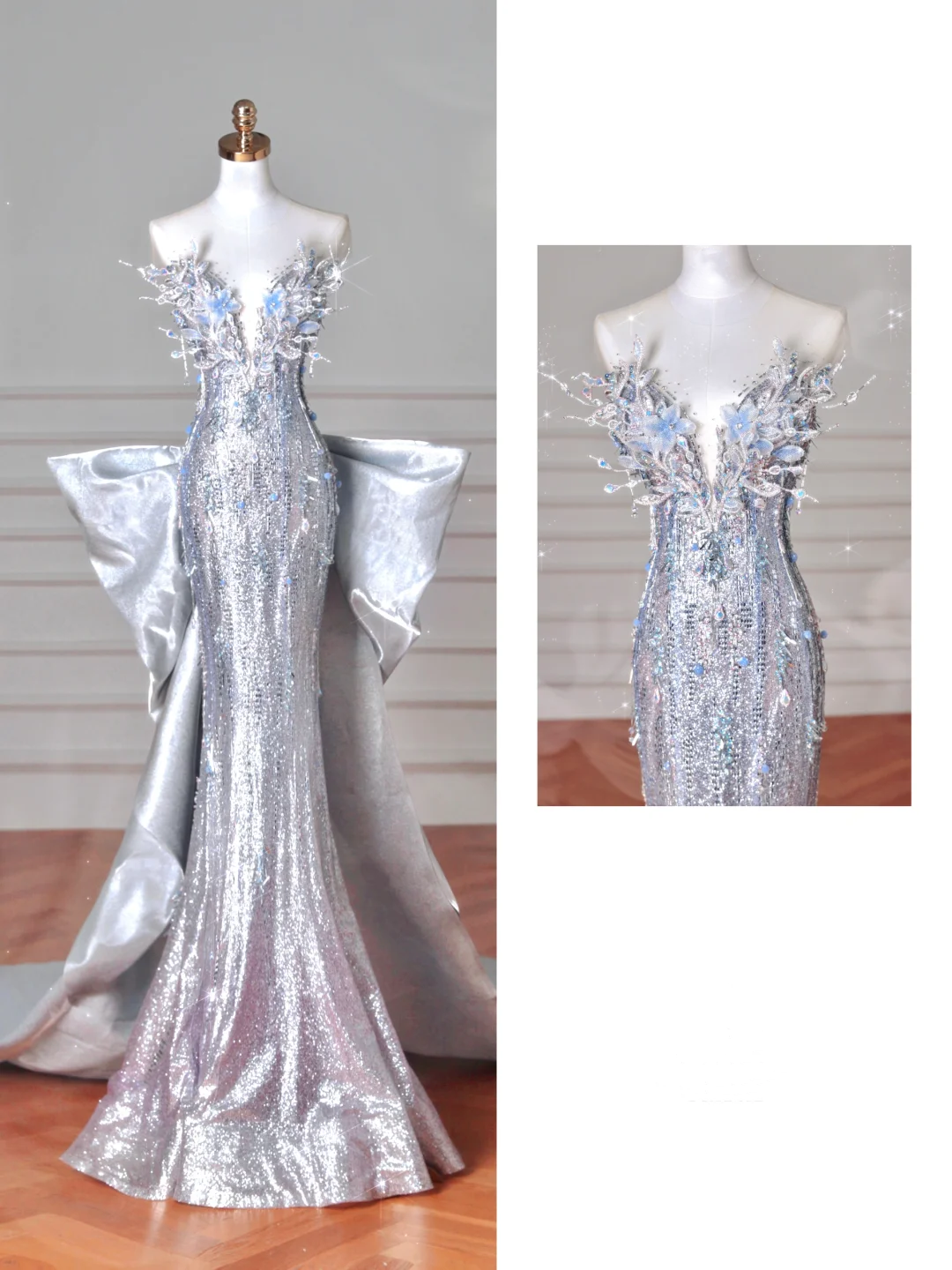 Luxury Silver Sequin 3D Beaded Mermaid Evening Dress Long Prom Dress With Bow Y8640 - VelvetHem