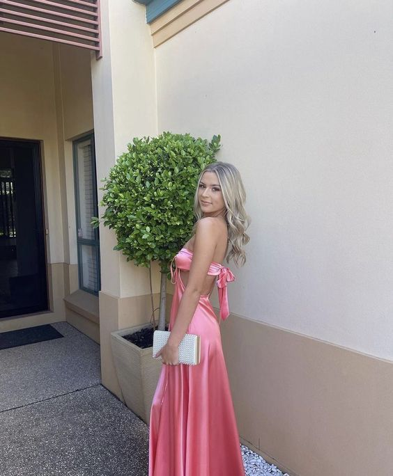 Sexy Backless Pink A Line Satin Evening Dress Long Prom Party Dress - VelvetHem
