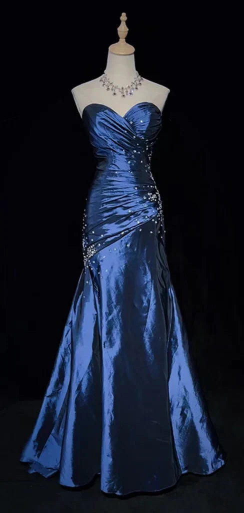 Sexy Sweetheart Blue Mermaid Satin Beaded Long Prom Dress Party Gown - VelvetHem