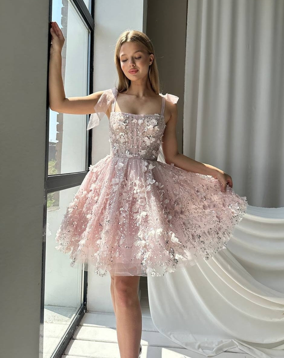 Charming A Line Spaghetti Straps Pink Short Homecoming Dress with Appliques