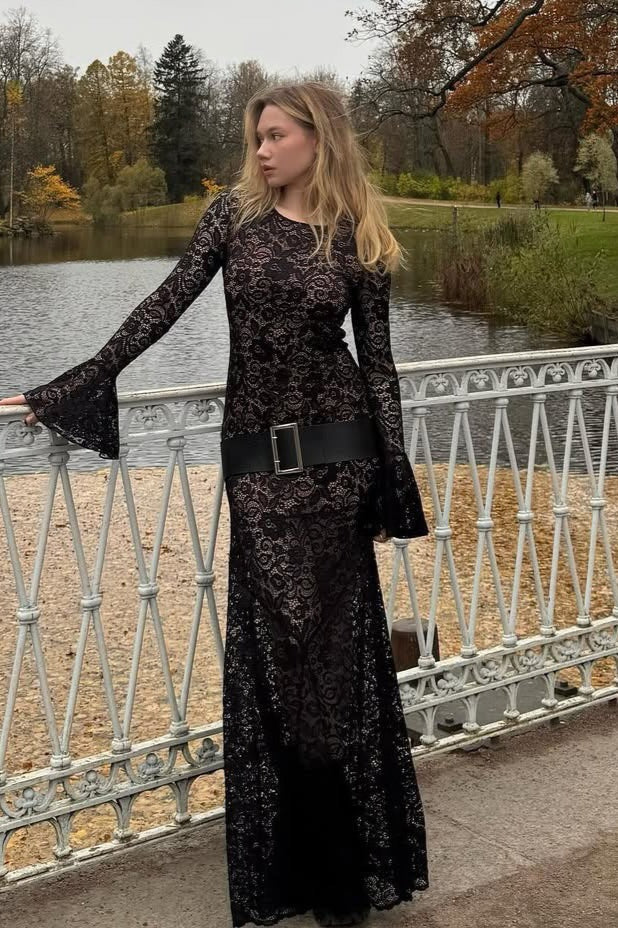 Bell Sleeve Backless Lace Dress - VelvetHem