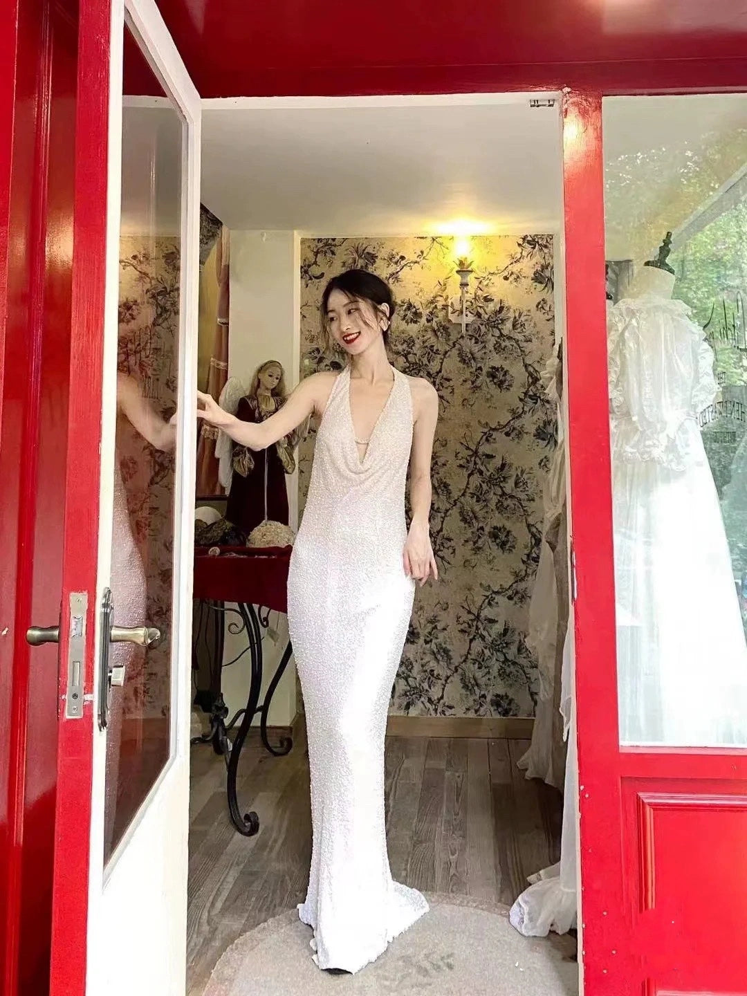 Halter Neck White Sequin Long Prom Dress Elegant Evening Dress - VelvetHem