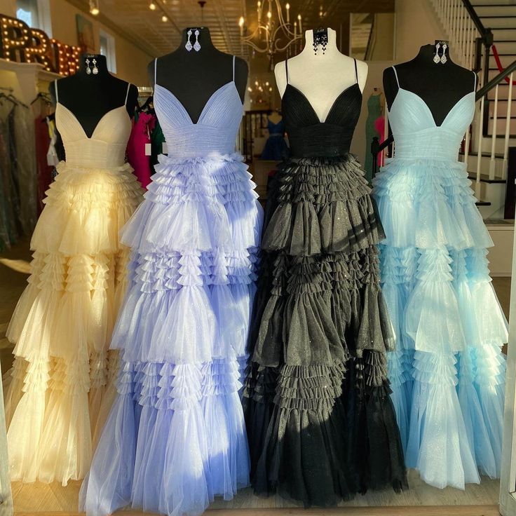V Neck Layers Tulle Long Ball Gown,A Line Spaghetti Strap Evening Dresses
