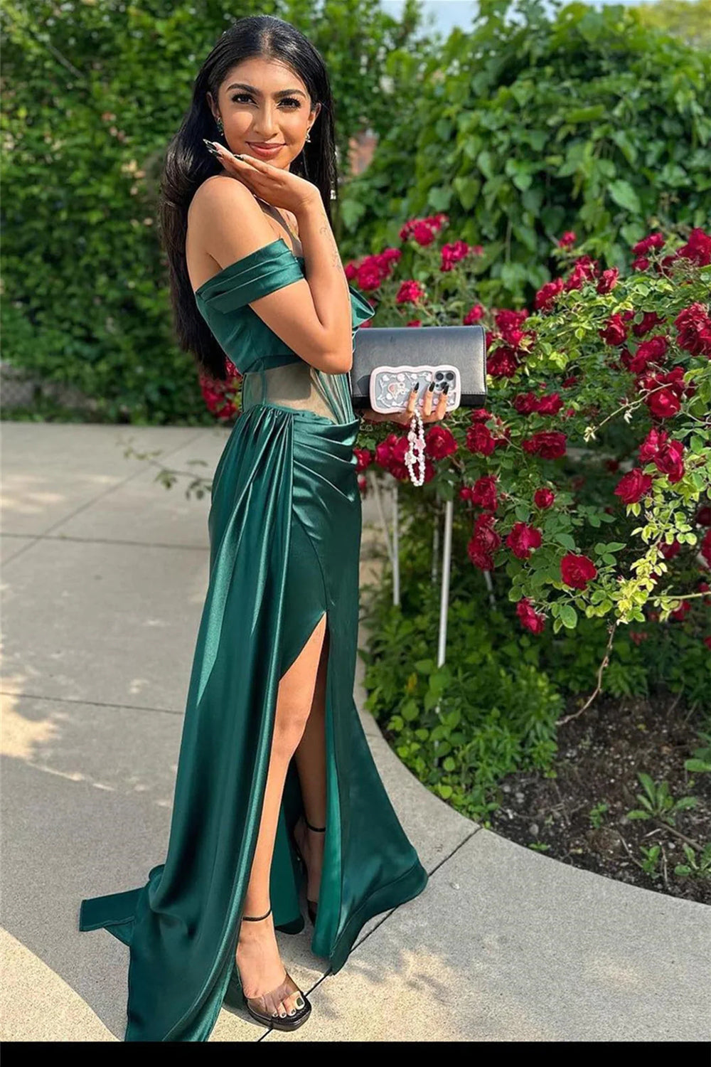 Stylish Mermaid Off the Shoulder Dark Green Corset Prom Dress with Split Front - View 2 | VelvetHem