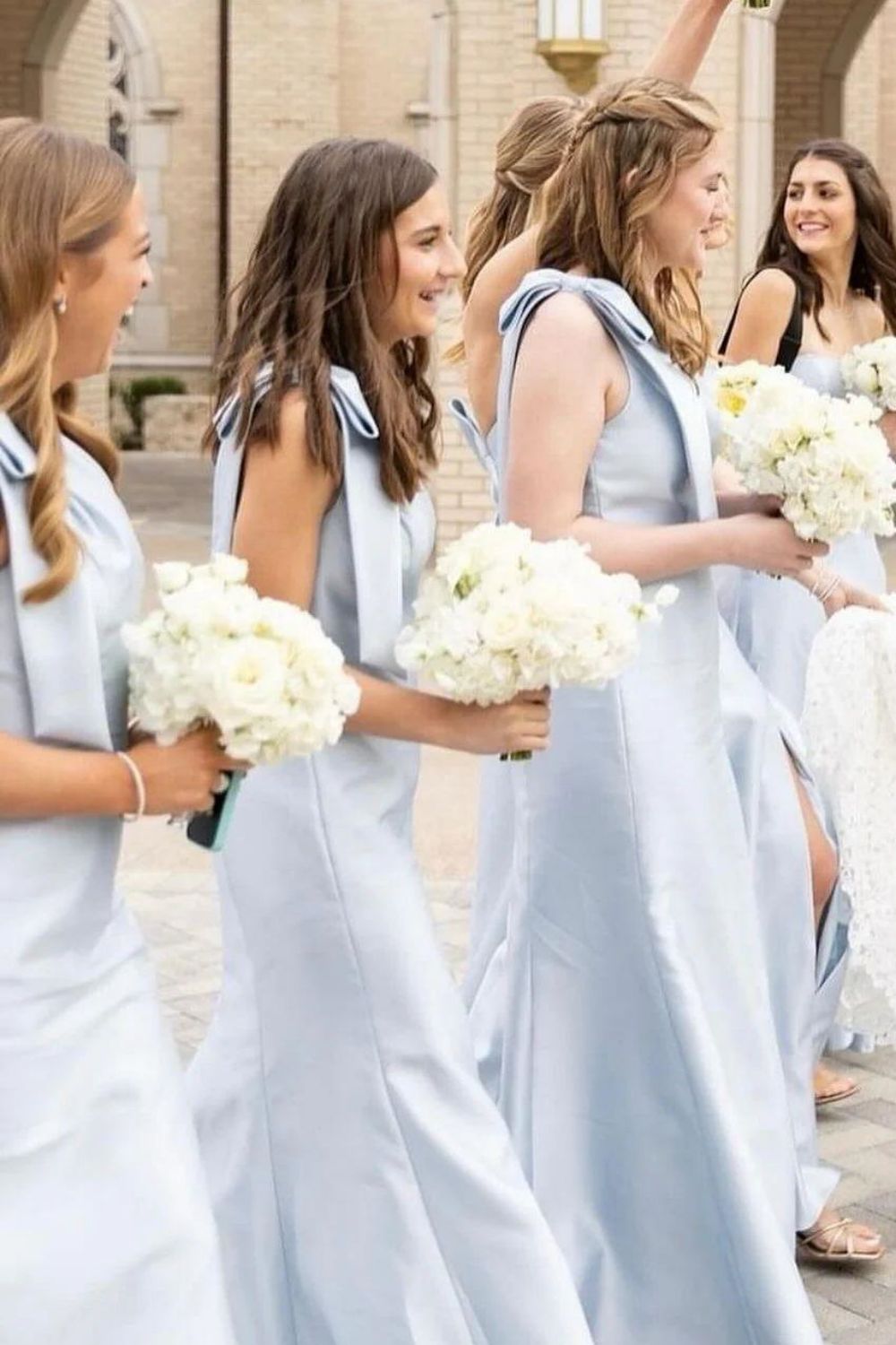 Elegant A Line One Shoulder Pink Long Bridesmaid Dress with Bowknot - View 3 | VelvetHem