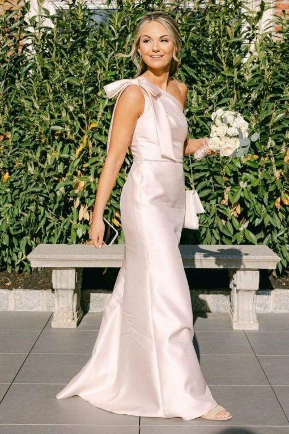 Elegant A Line One Shoulder Pink Long Bridesmaid Dress with Bowknot - View 2 | VelvetHem
