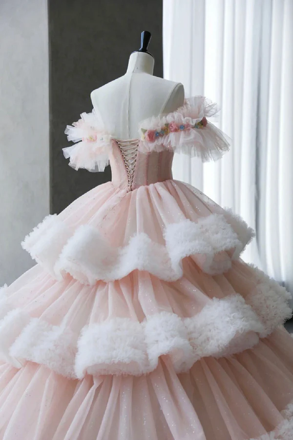 Classy Off The Shoulder Tulle Pleated Tiered Ball Gown Sweet Quinceanera Dress - View 4 | VelvetHem