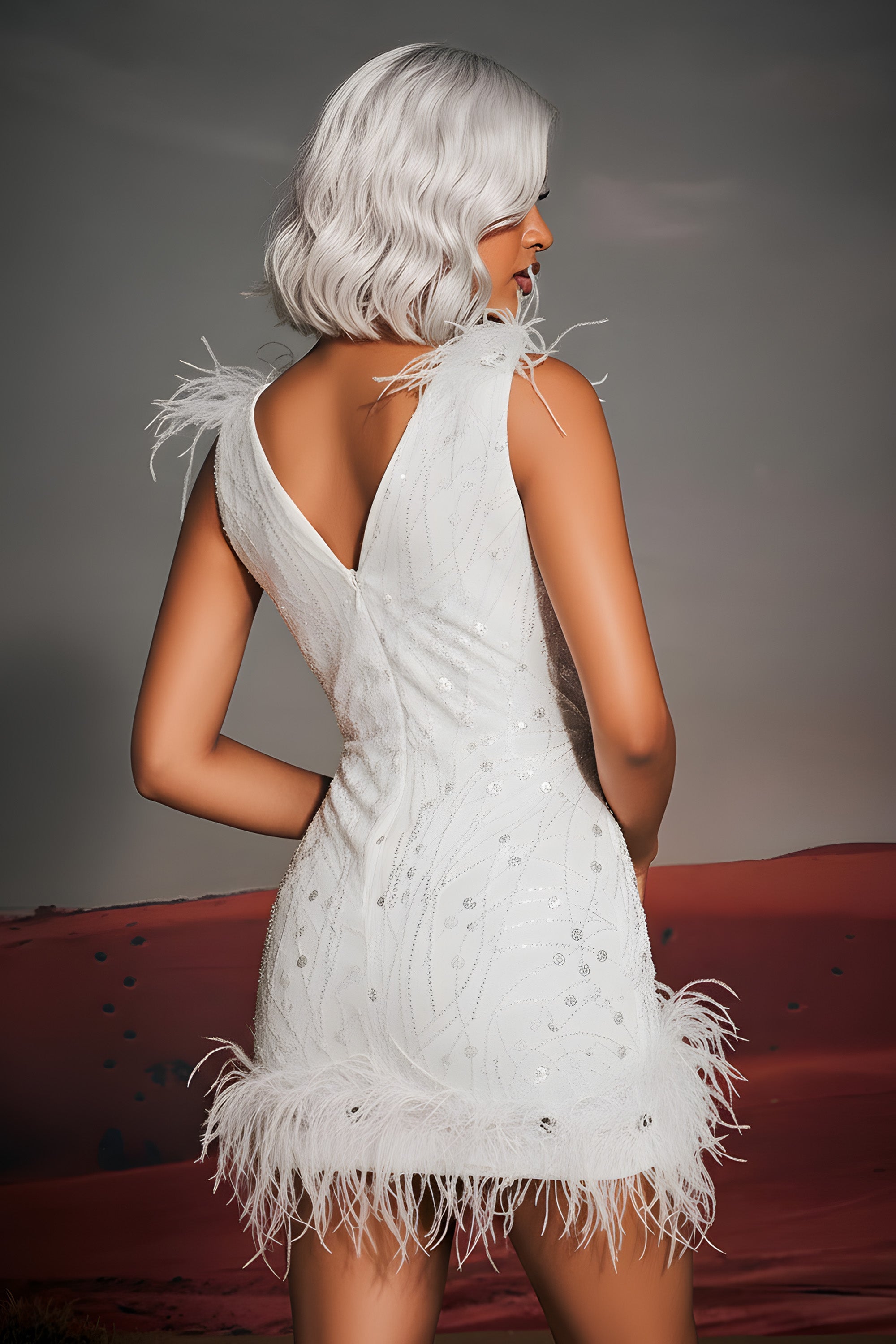 Elegant Sequin Embellished Feather Trim Bodycon Mini Dress