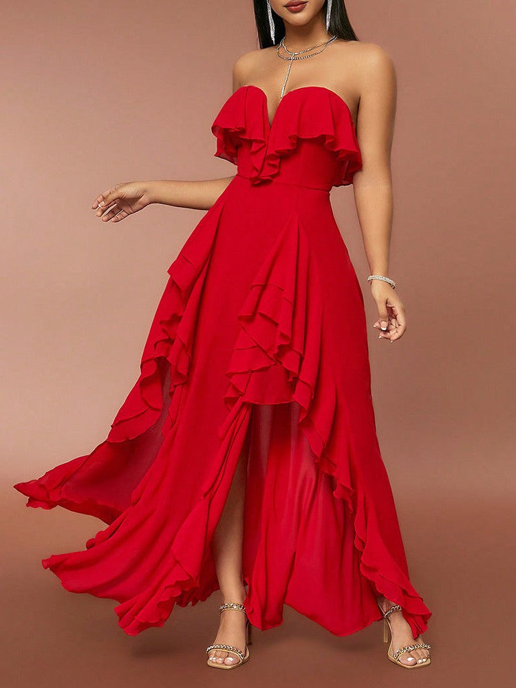 Red Ruffle Tube Top V neck Flounce Backless Evening Dress