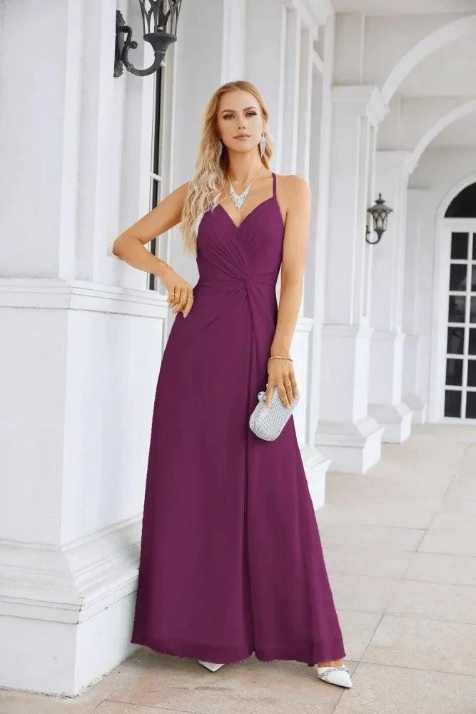 Ladies Chiffon Spaghetti Strap V Neck Front Slit Floor Length Bridesmaid Evening Dress Prom Party Wedding Evening Dress 28116 by numbersea