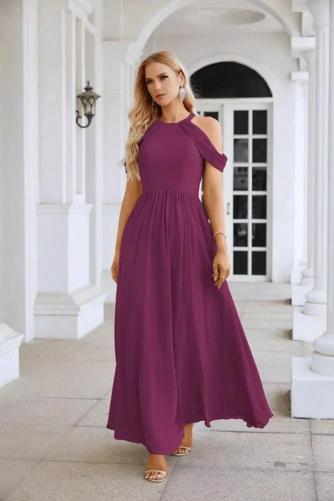 Ladies Chiffon Off Shoulder Swing Sleeve Front Slit Bridesmaid Evening Dress Wedding Party Evening Dress 28117 by numbersea