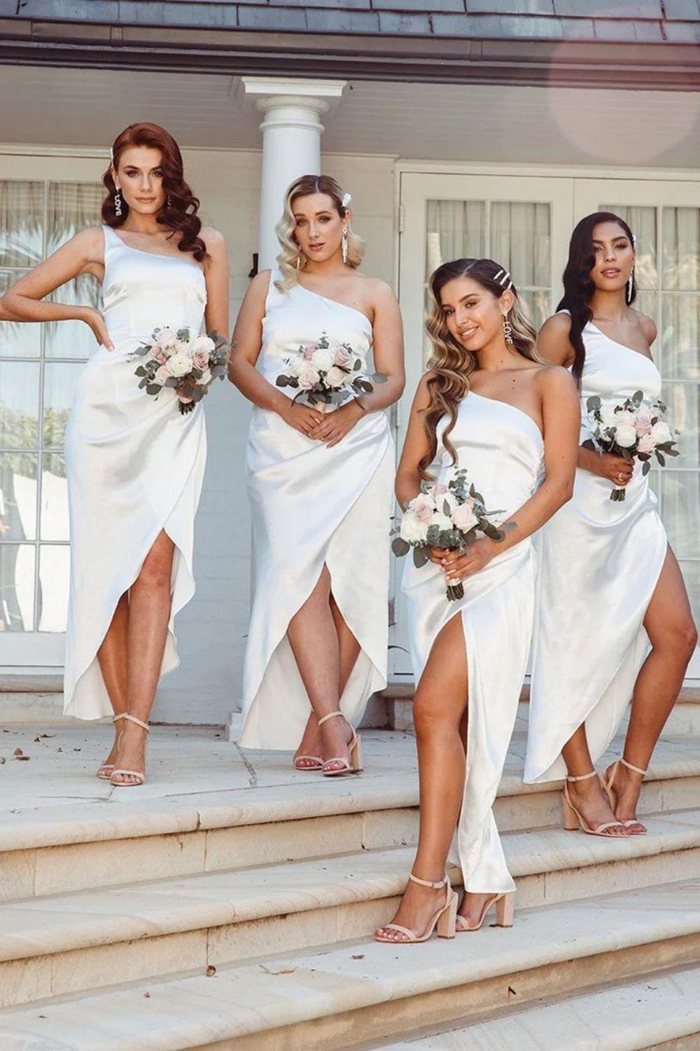 Classic Sheath One Shoulder White Tea Length Bridesmaid Dress with Slit - View 2 | VelvetHem