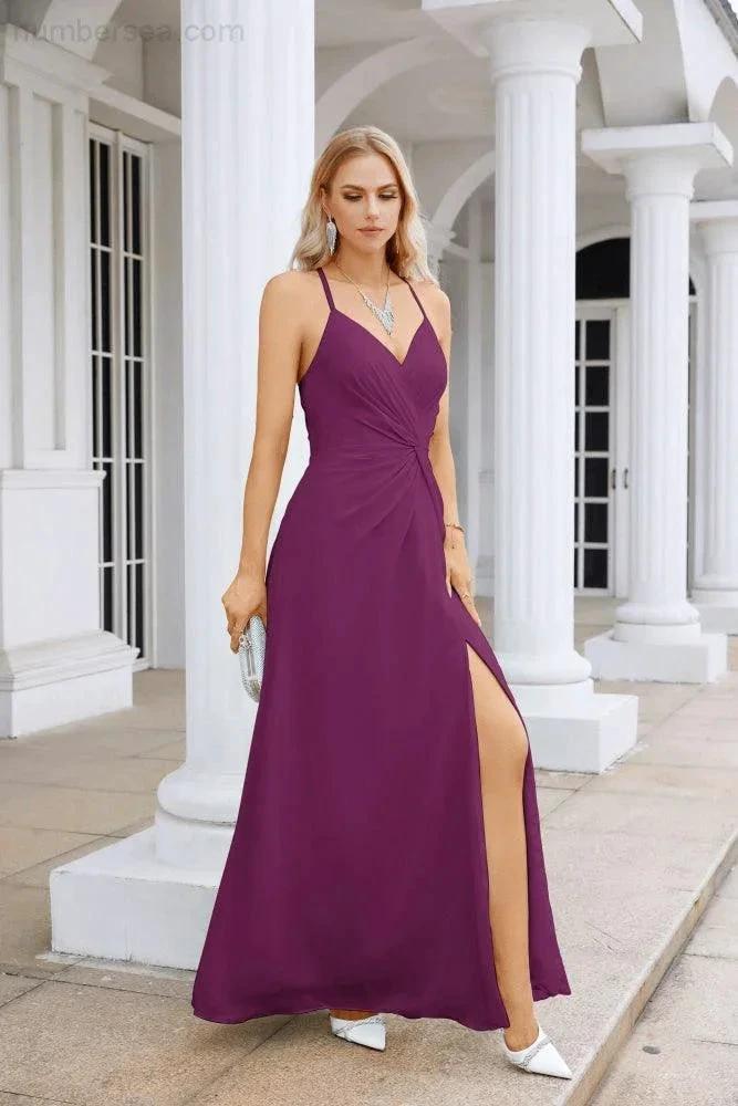 Ladies Chiffon Spaghetti Strap V Neck Front Slit Floor Length Bridesmaid Evening Dress Prom Party Wedding Evening Dress 28116 (ZD17012)
