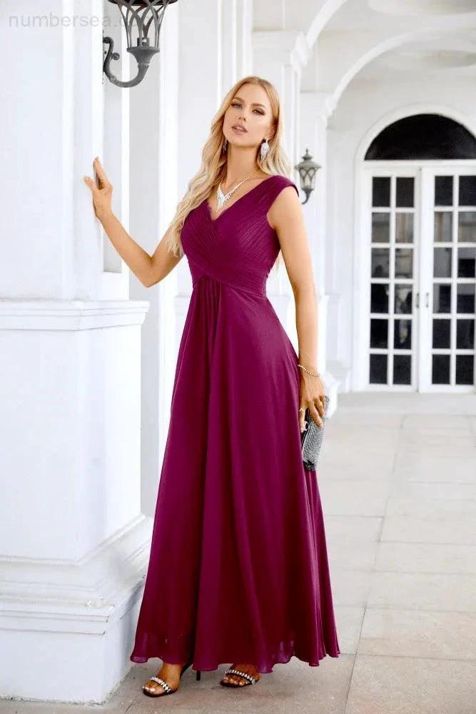 Ladies Chiffon V Neck Sleeveless Floor Length Bridesmaid Evening Dress Wedding Party Evening Dress 28126 (ZD16989)