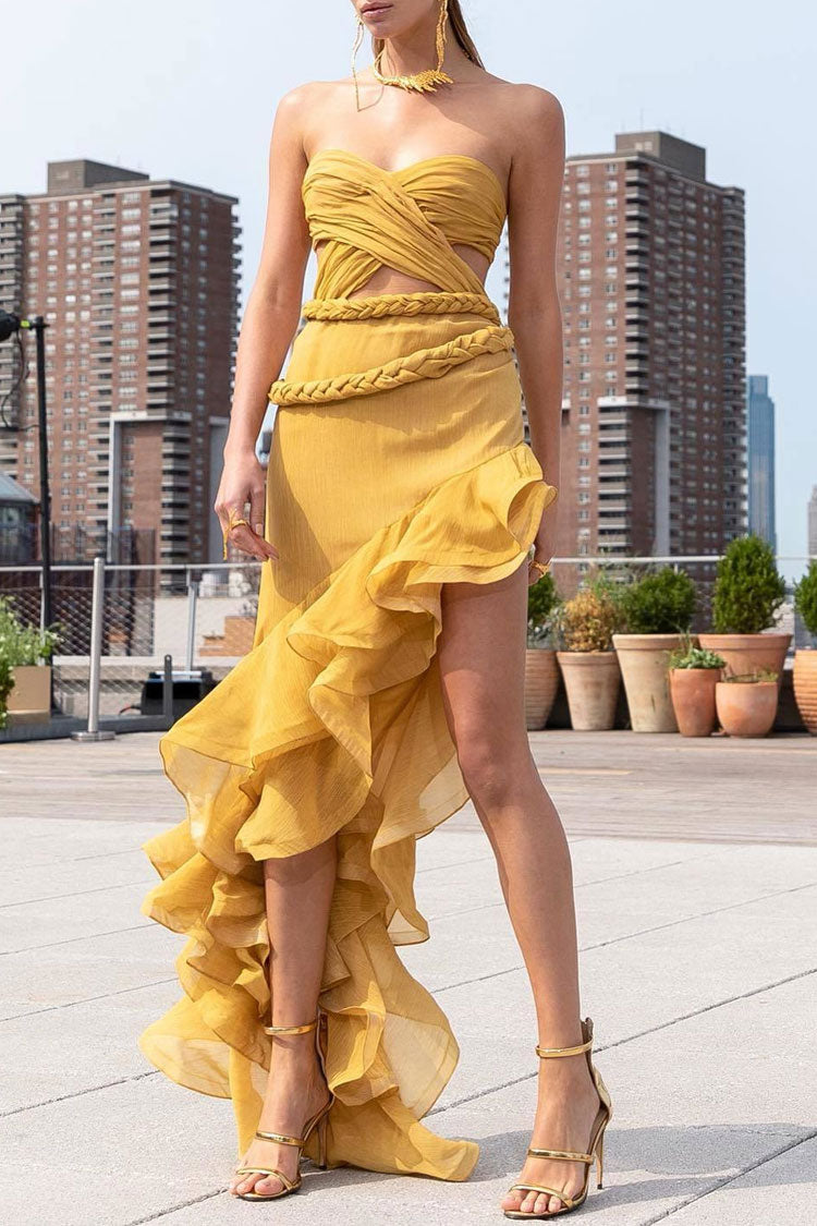 Asymmetrical Layered Ruffle Braided Cutout Strapless Maxi Evening Dress - Yellow - VelvetHem