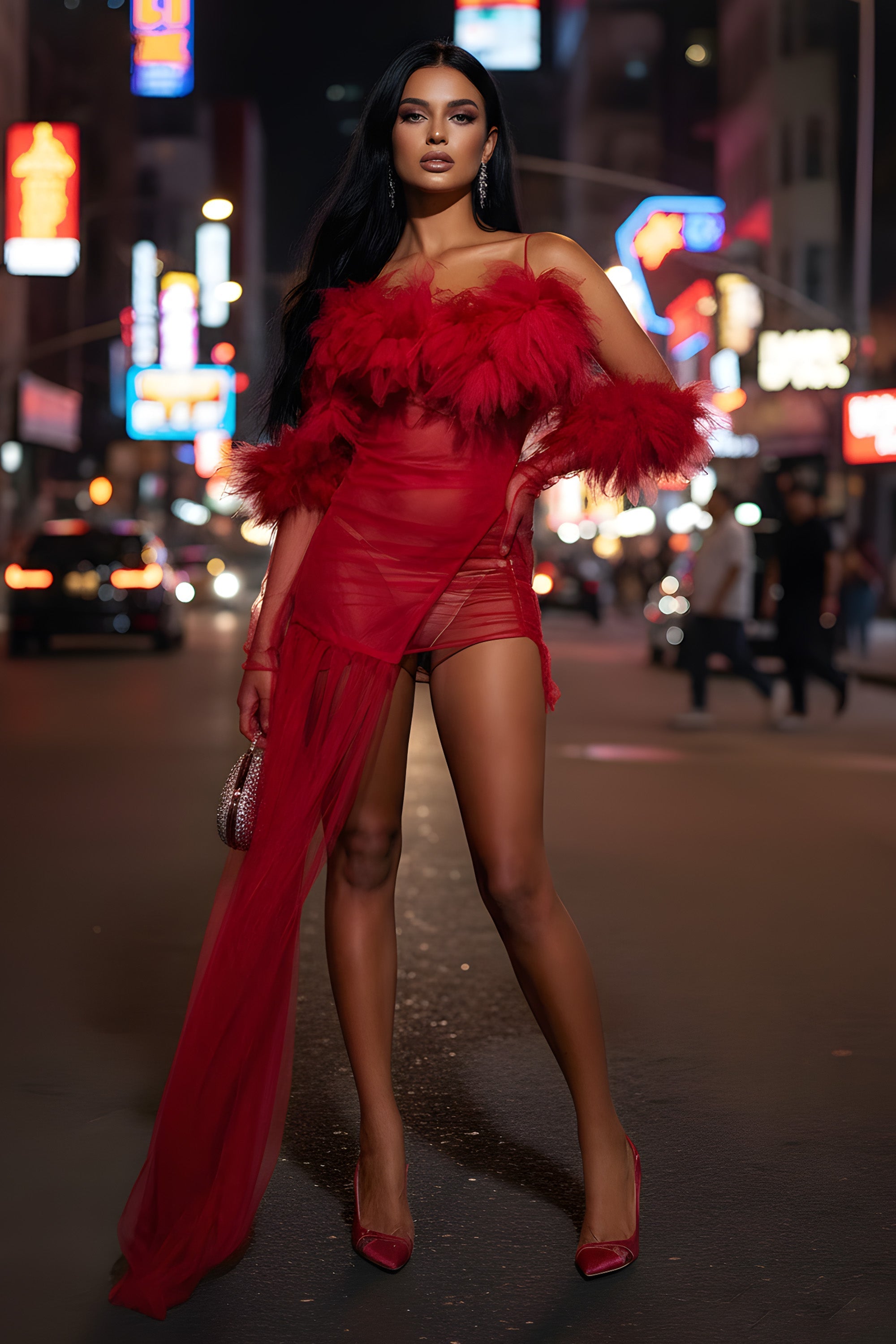 Dramatic Feather Trim Sheer Tulle High Low Evening Gown