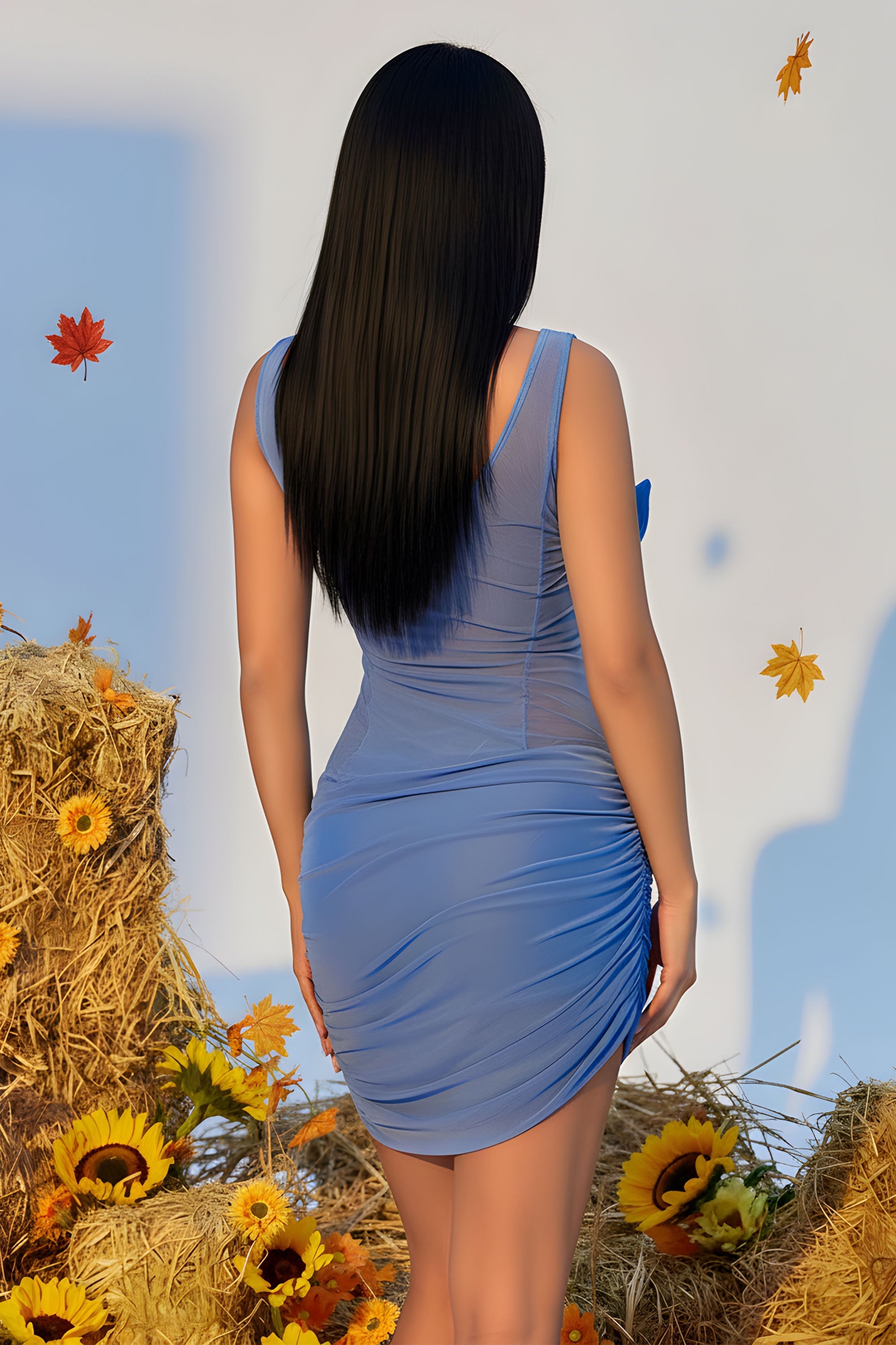 Sheer Mesh Ruched Bodycon Mini Dress with Rosette Accents