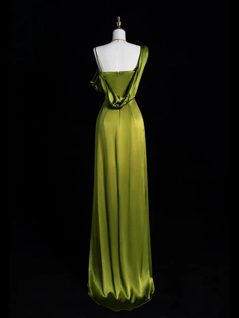 Classy Green Soft Satin One Shoulder Prom Dress, A-Line Long Slit Party Evening Dress