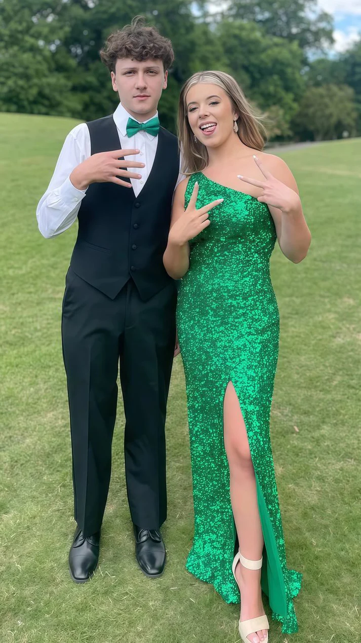 Shiny Green Sequins One Shoulder Slit Prom Dress Mermaid Party Evening Dress - VelvetHem