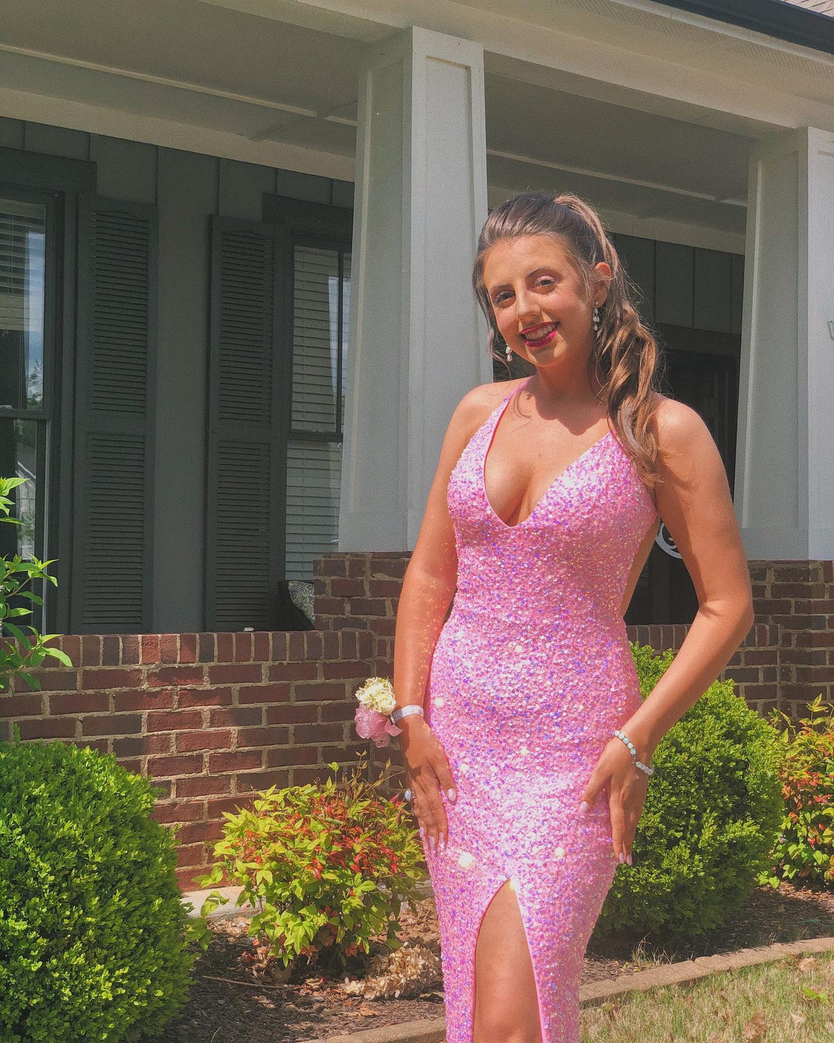 Pink Halter Neckline Sequins Prom Dress Sexy Evening Dress Side Slit Y268 - VelvetHem