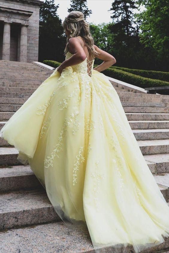 Yellow Lace Prom Dresses, Formal Ball Dress, Evening Dress, Dance Dresses, School Party Gown