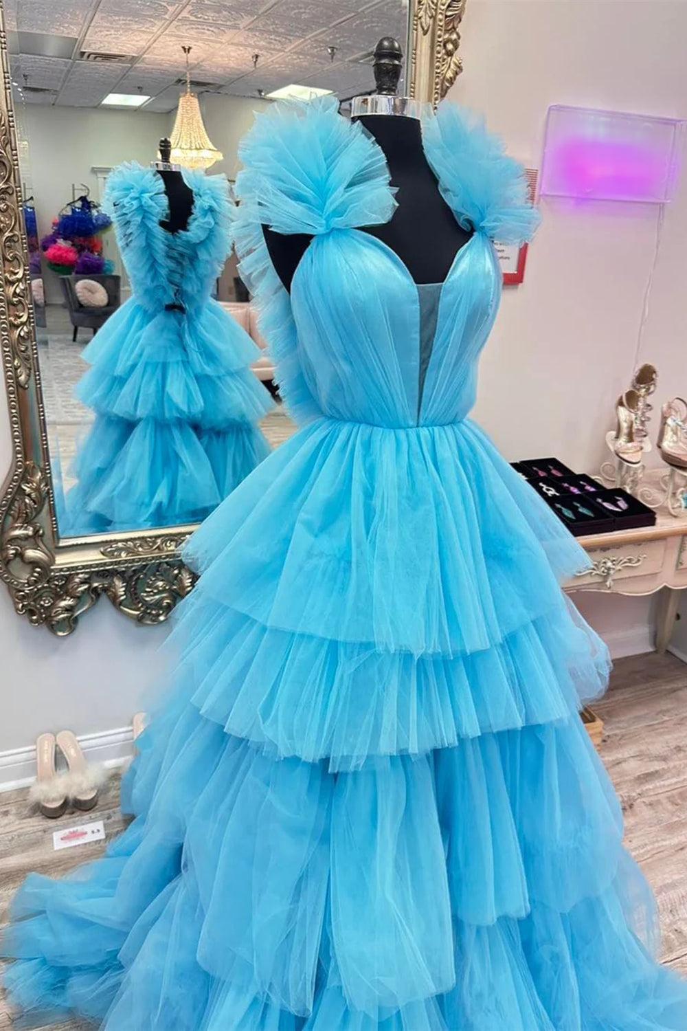 Gorgeous A Line V Neck Blue Long Prom Dress with Ruffles - View 2 | VelvetHem
