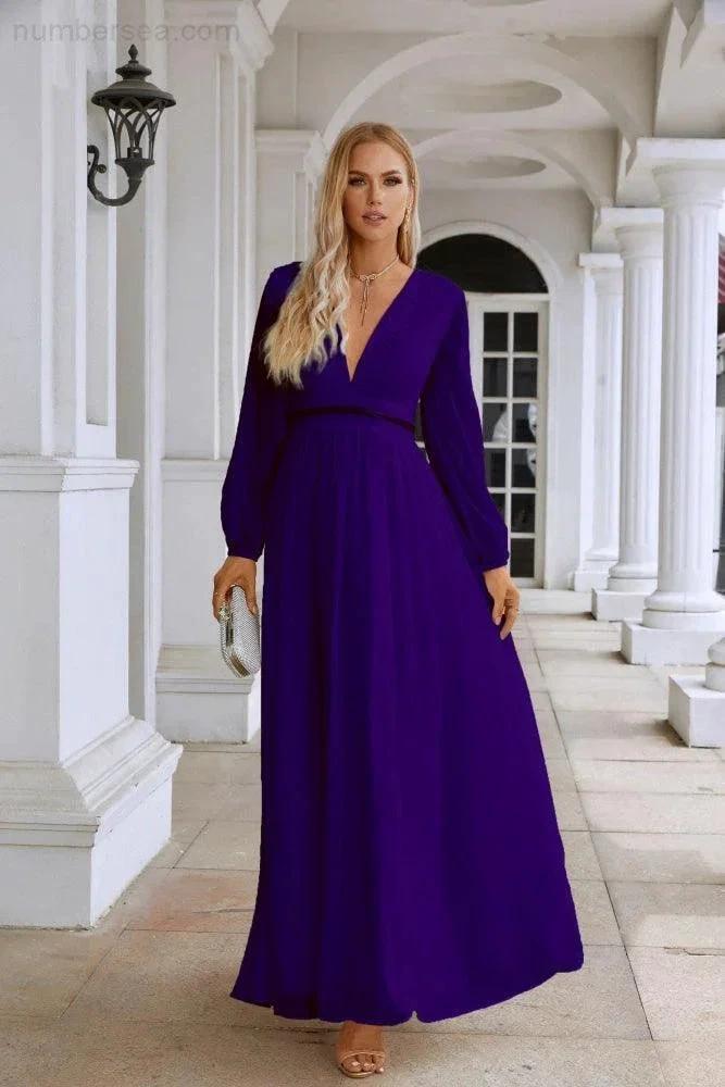 Ladies V Neck Chiffon Long Sleeve Front Slit Bridesmaid Evening Dress Wedding Party Shopping Evening Dress 28109 (ZD16991)