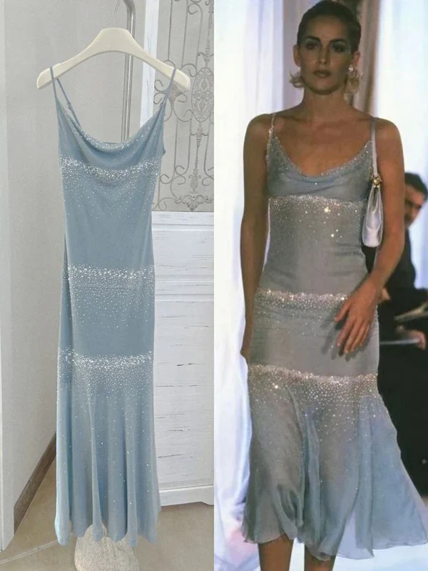 Classy Spaghetti Straps Blue Chiffon Beaded Prom Dress Evening Dress Y8248 - VelvetHem