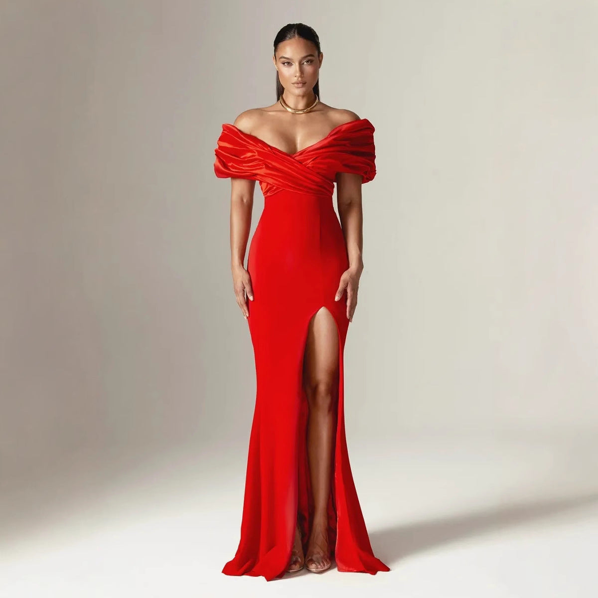 Off Shoulder Ruched Slit Satin Maxi Prom Dress - VelvetHem
