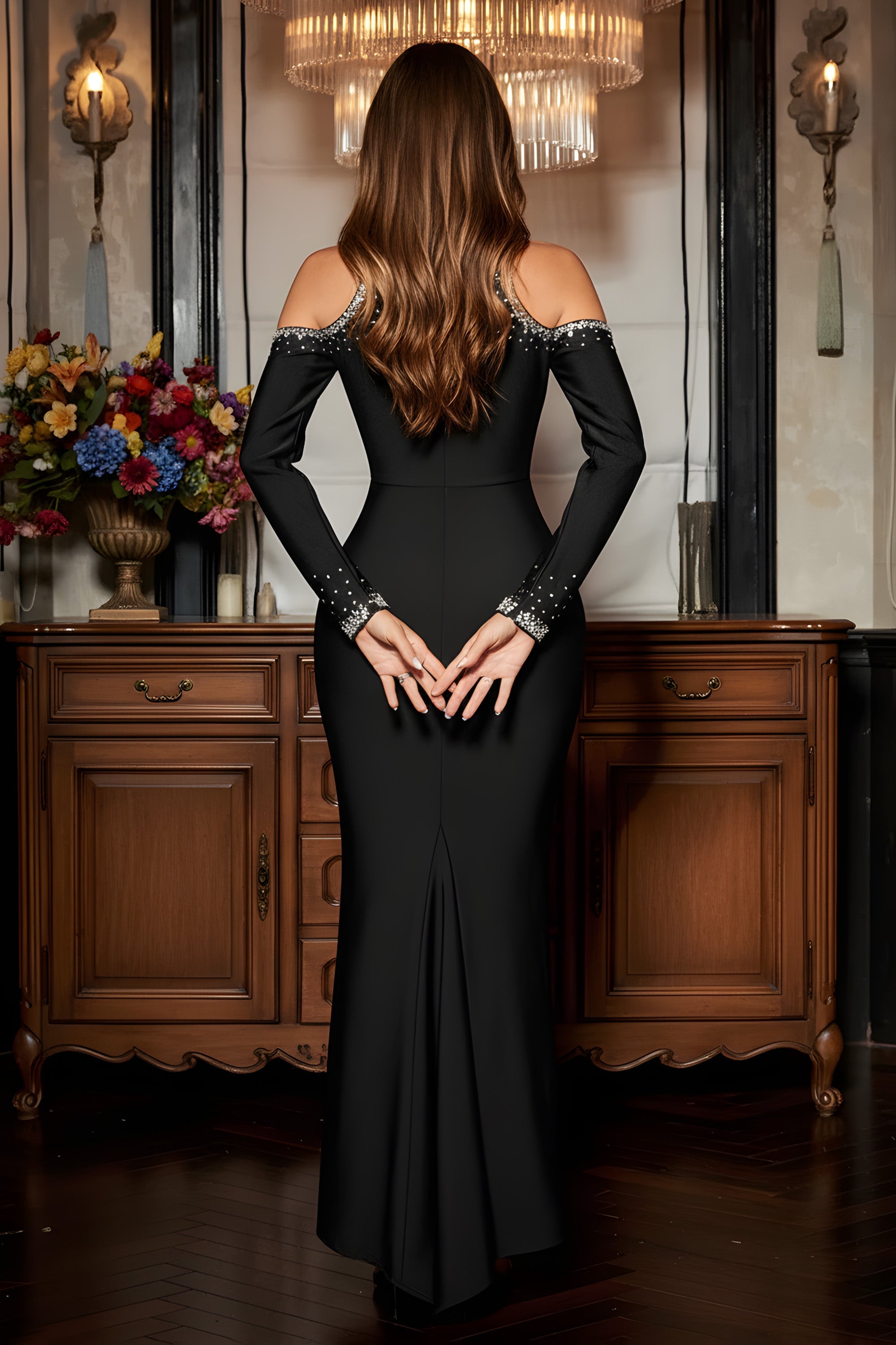 Cold Shoulder Mock Neck Long Sleeve Mermaid Evening Gown