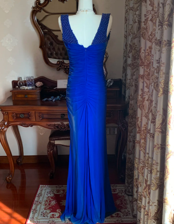 Sexy Royal Blue Tulle Pleated Beaded Mermaid Long Wedding Guest Dress Evening Dress - View 5 | VelvetHem