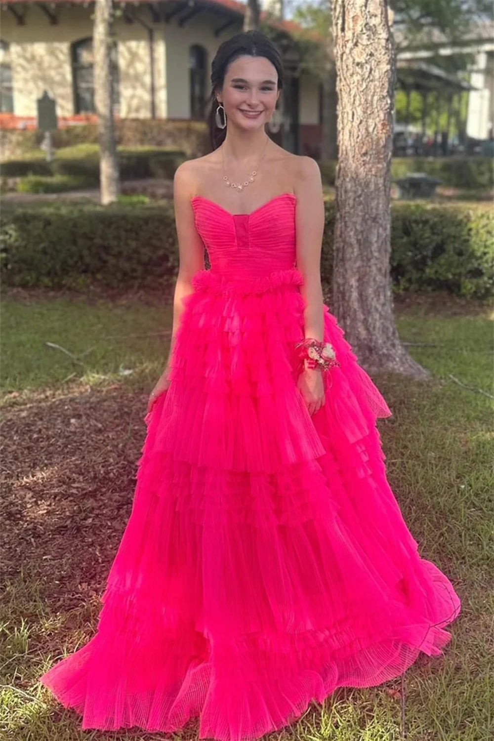 Trendy A Line Strapless Hot Pink Long Prom Dress with Ruffles - View 3 | VelvetHem